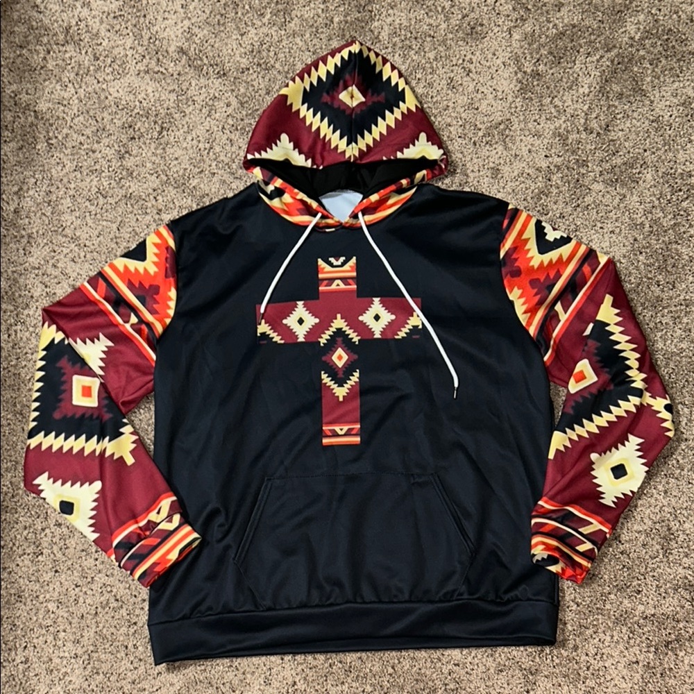Aztec Pattern Hoodie with Graphic Cross